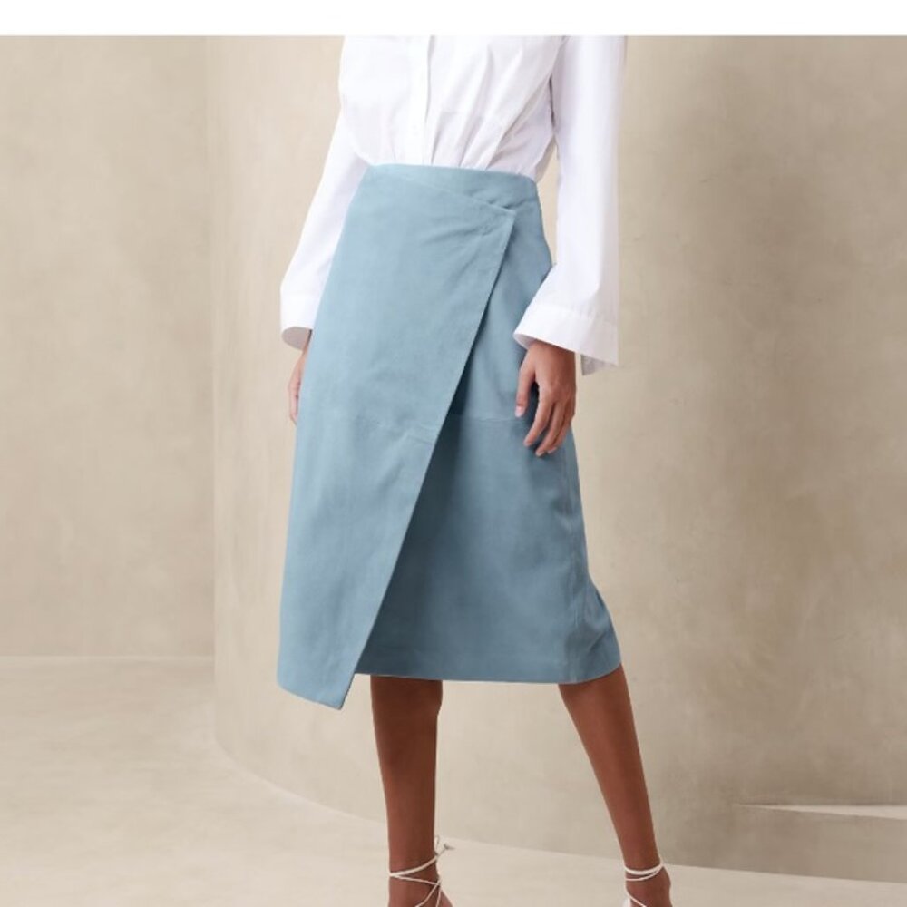 Banana Republic, Helena Suede Wrap Skirt, Size 10, Seagrass-blue